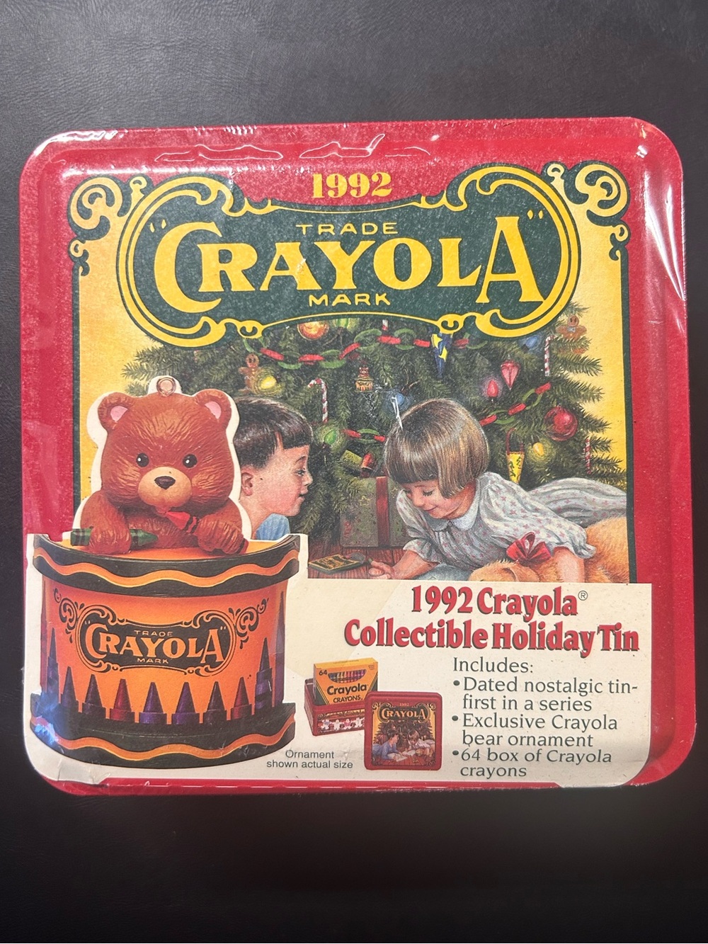 Crayola Vintage Tin & Bear Ornament & 64 box of crayons sealed holiday 92’
